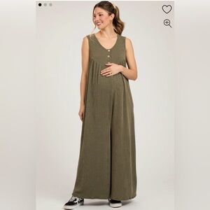 Pinkblush Olive Ribbed Sleeveless Button Front Maternity Jumpsuit - Small